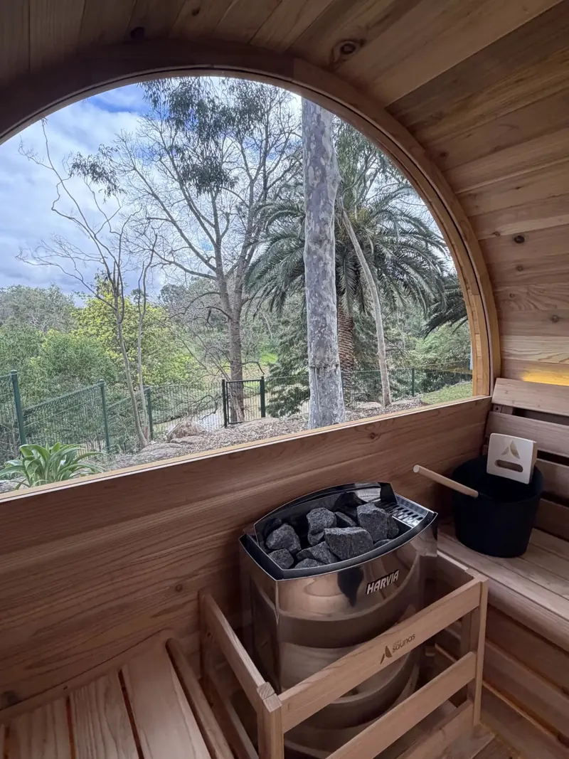 Cedar sauna with an electric heater wired and connected by Pender Electrical